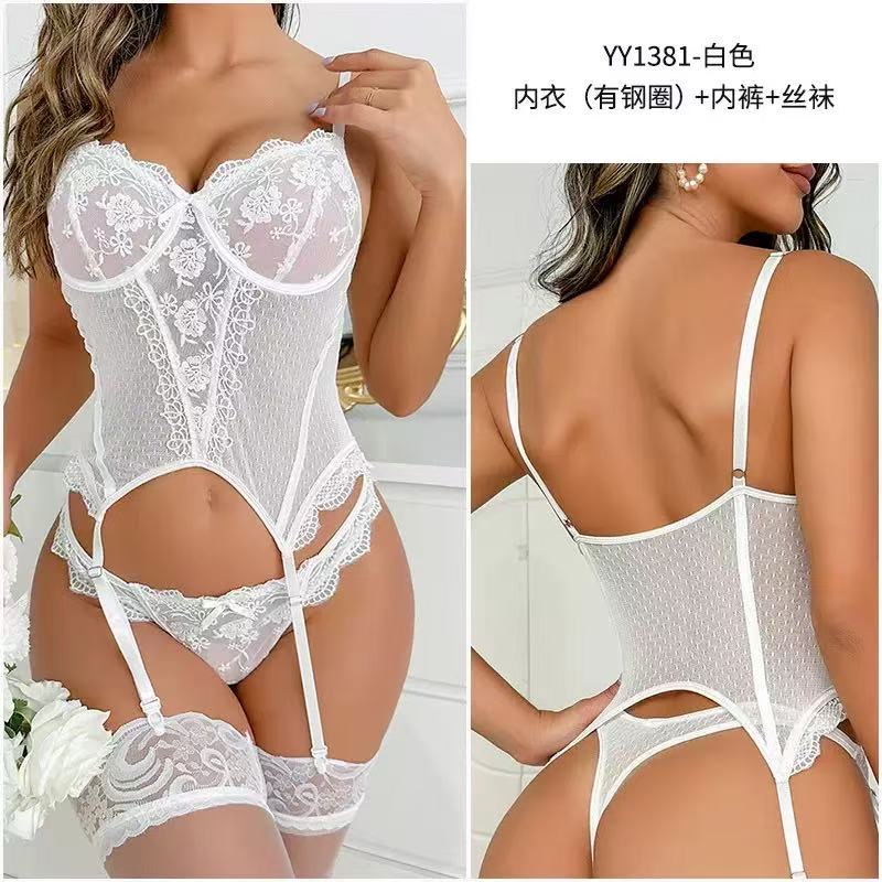 Sexy lingerie strapless set for shaping and revealing figure, sheer fabric with lace trim, sensual three-piece set