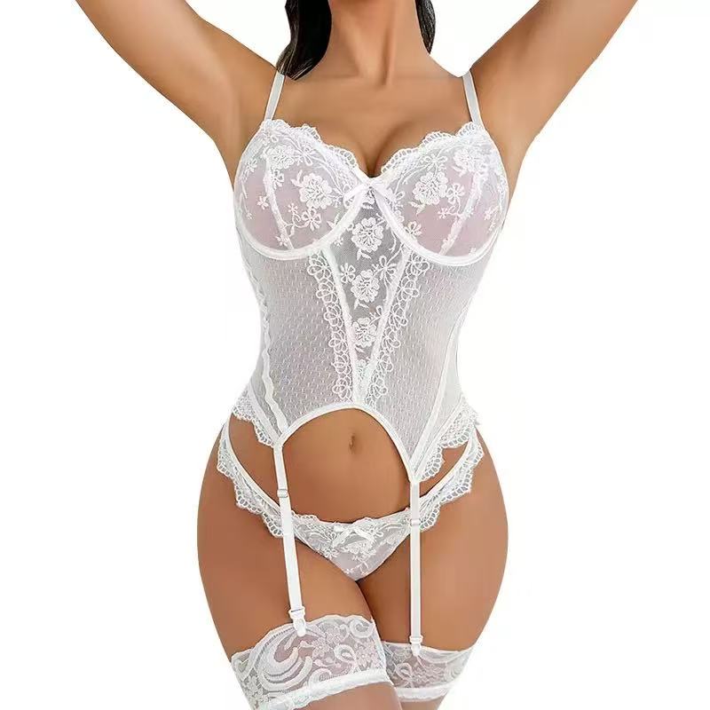 Sexy lingerie strapless set for shaping and revealing figure, sheer fabric with lace trim, sensual three-piece set