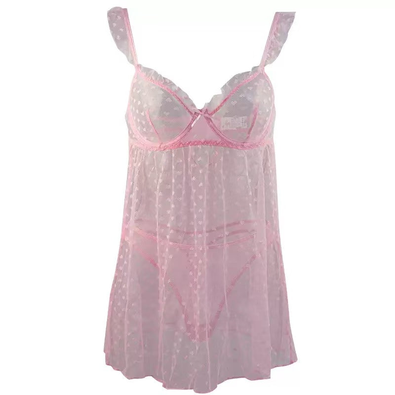 Love Heart Lace Edging Sheer Dress with Strapless Top and Breathable Bra - Sexy Hot Two-Piece Set