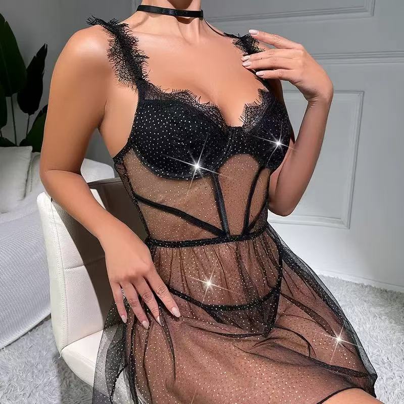 Strapless one-piece net-sheer see-through dress with small lace trim and sexy floral pattern