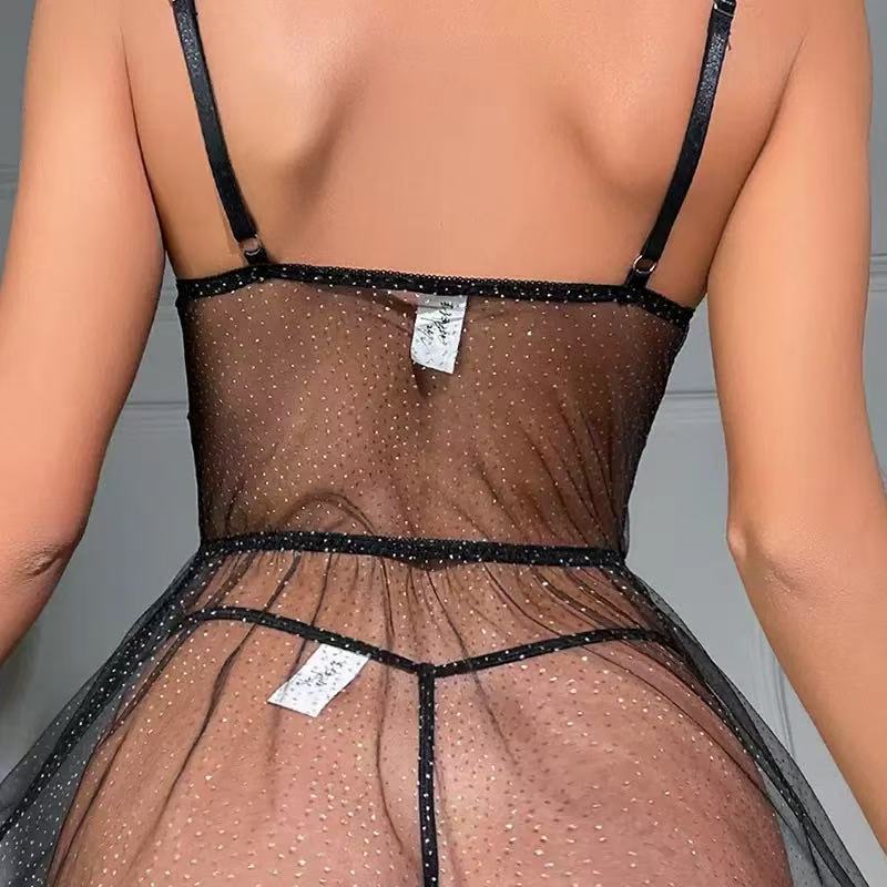 Strapless one-piece net-sheer see-through dress with small lace trim and sexy floral pattern