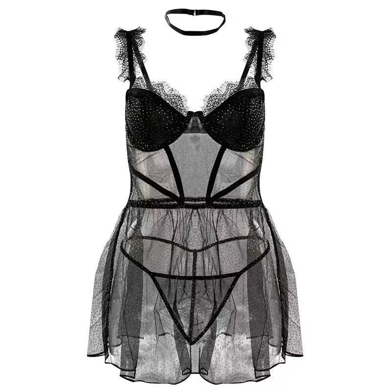 Strapless one-piece net-sheer see-through dress with small lace trim and sexy floral pattern